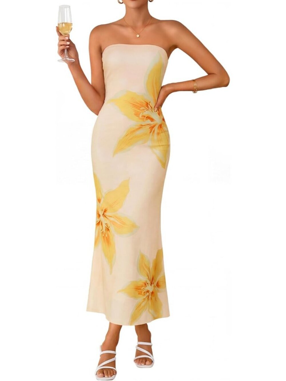 Women's Apricot Summer Formal Off Shoulder Strapless Floral Bodycon Maxi Dress